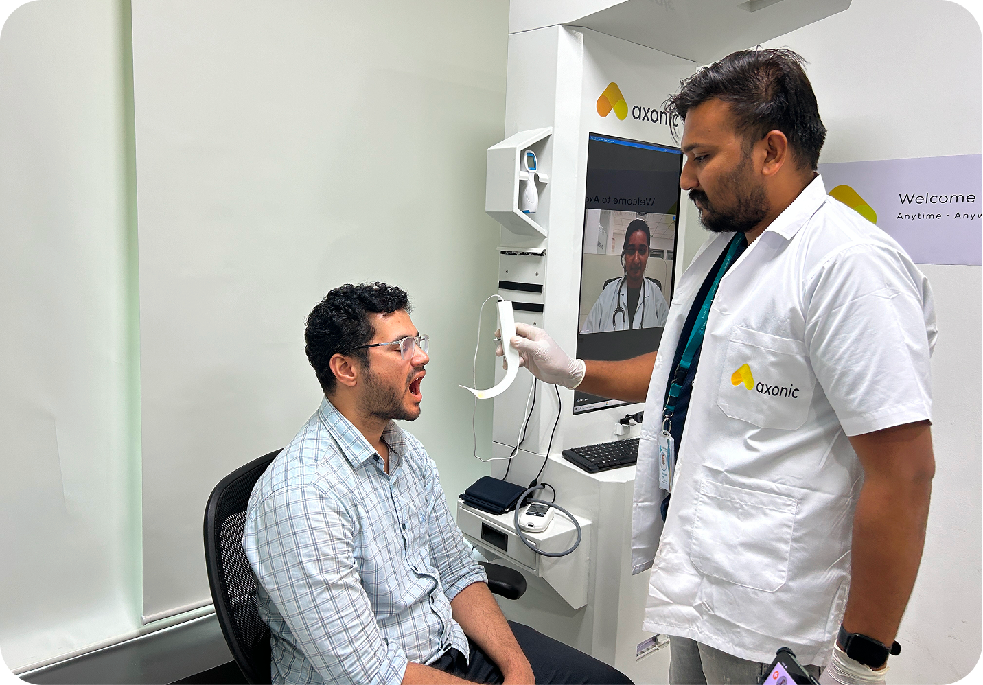 Connected Diagnostic Devices for Complete Examination - AxonHealthHub feature showing Integration of digital stethoscope, otoscope, laryngoscope, dental camera, and o...