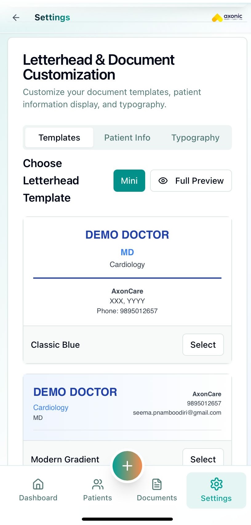 Professional Personalization - AxonScribe AI medical scribe feature showing Customize generated documents with your clinic letterhead, address, and registra...